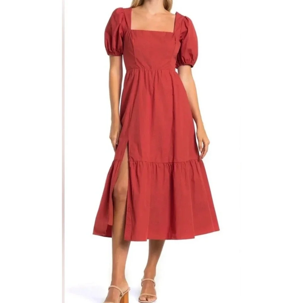 ASTR The Label Brick Puff Sleeve Midi Dress‎ Square Neck Tiered Skirt Size L